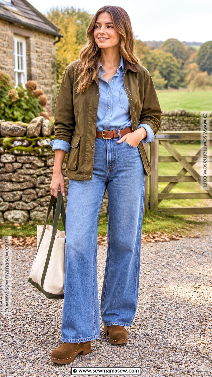 Wide Leg Jeans With Denim Shirt And Barn Jacket - 20 wide jeans outfit fall