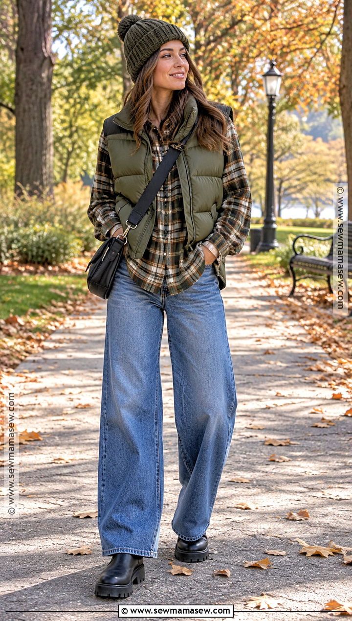 Wide Leg Jeans With Flannel Shirt Puffer Vest And Boots - 20 fall outfit wide leg jeans