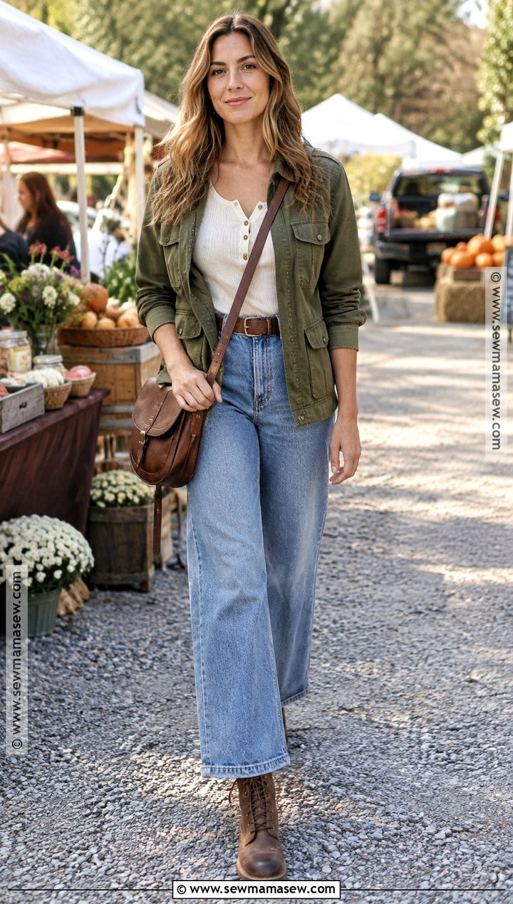 Wide Leg Jeans With Henley Top And Utility Jacket - 20 Wide Leg Jean Outfits Fall