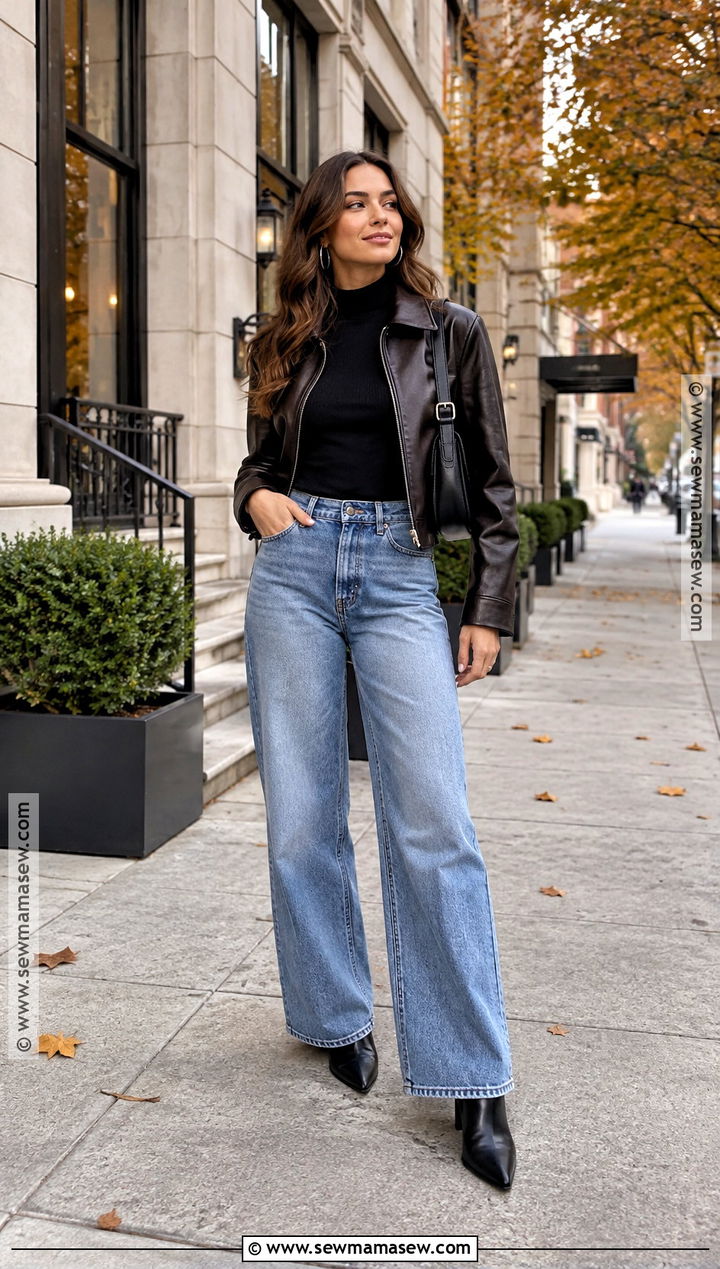Wide Leg Jeans With Leather Jacket And Boots - 25 wide leg jeans outfit autumn