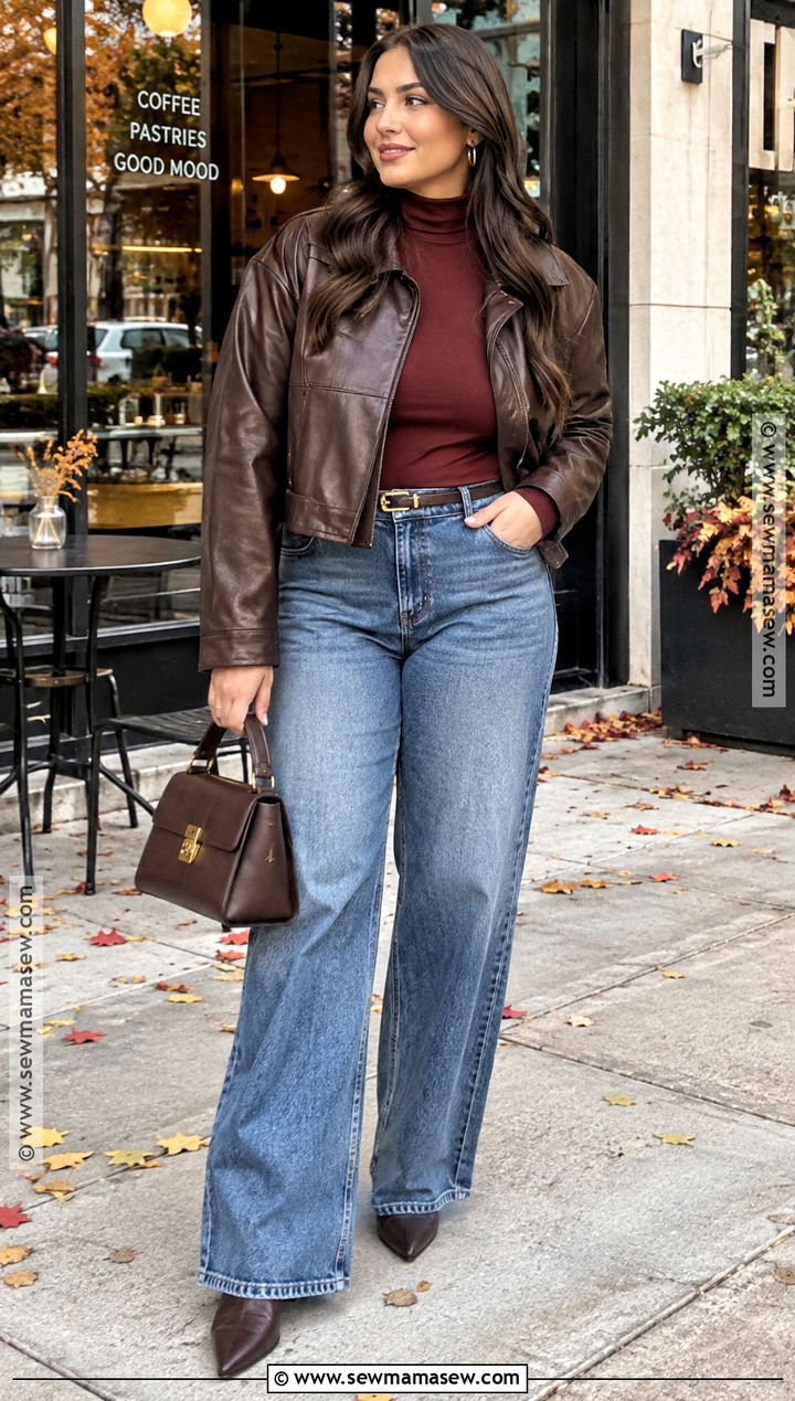Wide Leg Jeans With Leather Jacket And Turtleneck - 20 wide leg jeans fall outfit