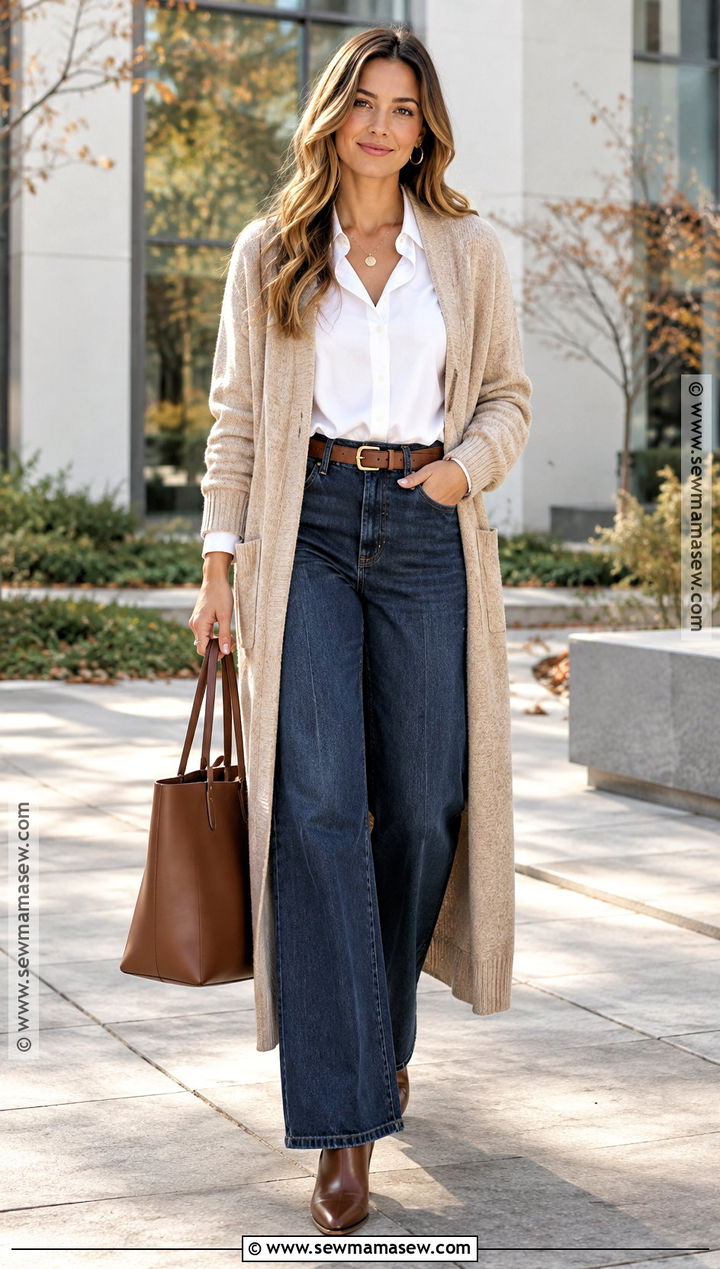 Wide Leg Jeans With Long Cardigan And Ankle Boots - 15 fall outfits women wide leg jeans
