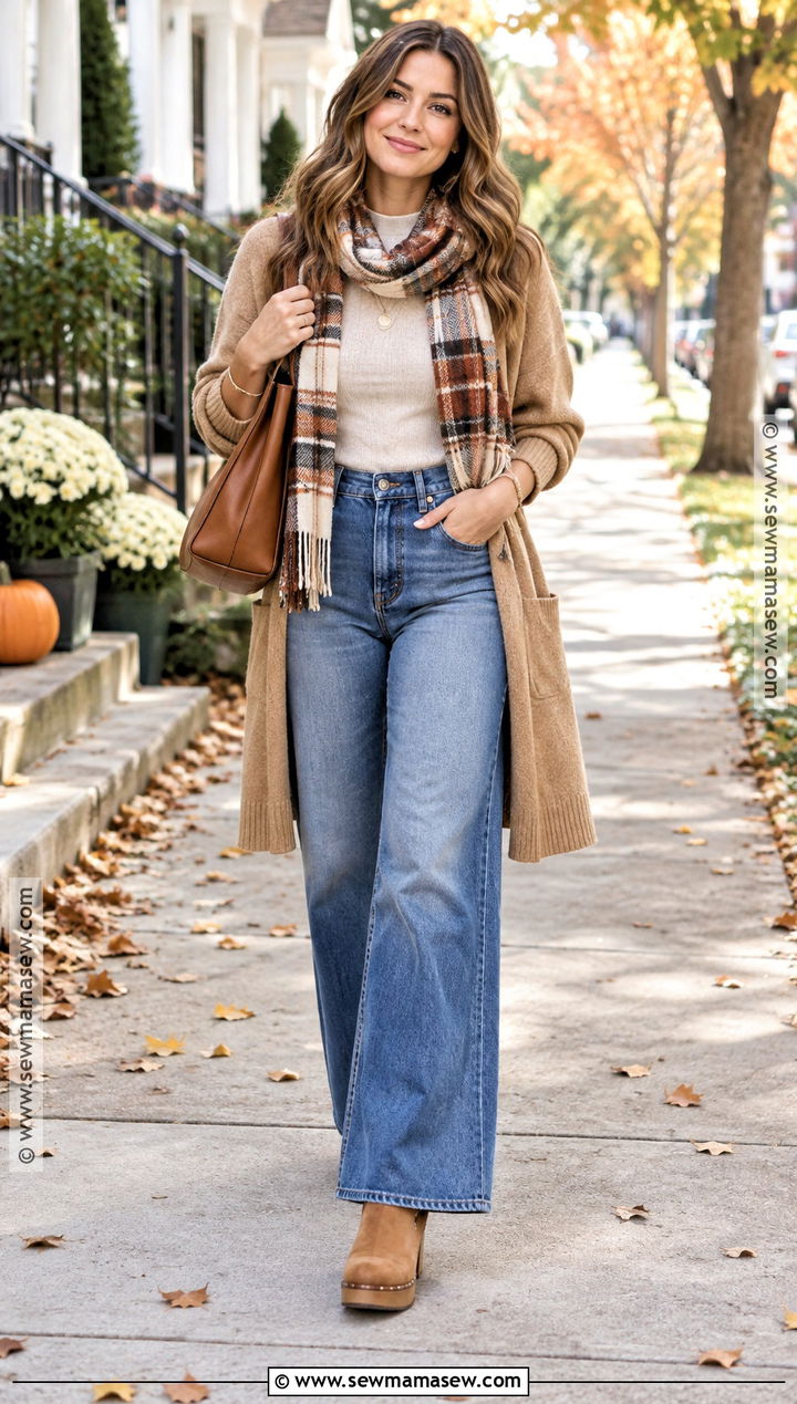 Wide Leg Jeans With Long Cardigan Scarf And Clogs - 20 fall outfit wide leg jeans