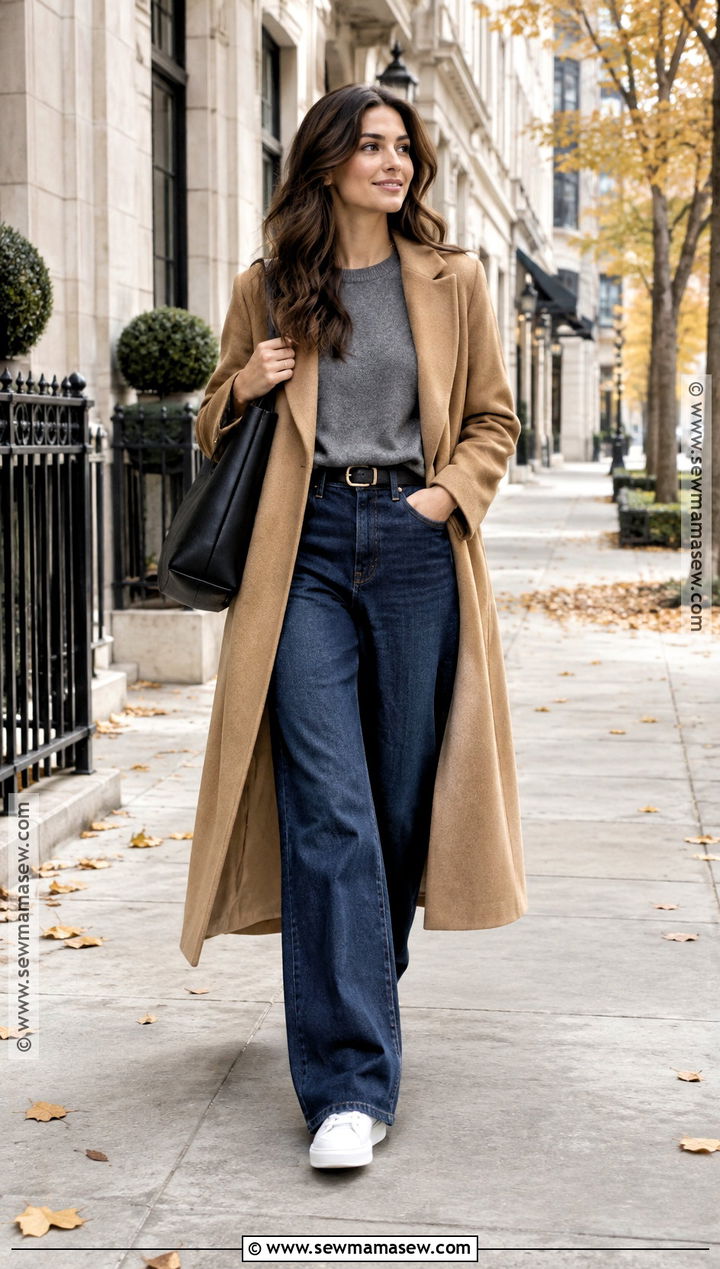 Wide Leg Jeans With Long Coat And Sneakers - 20 fall outfit with jeans