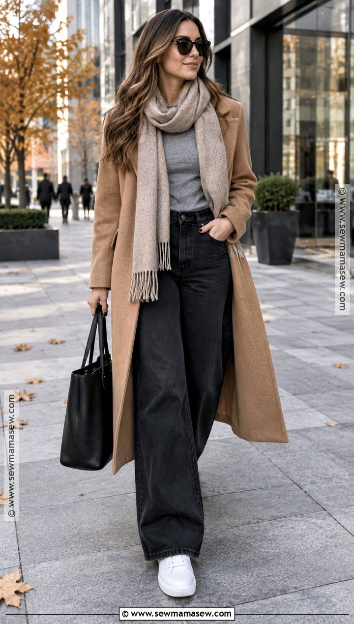 Wide Leg Jeans With Long Wool Coat And Knit Sneakers - 20 fall outfit wide leg jeans