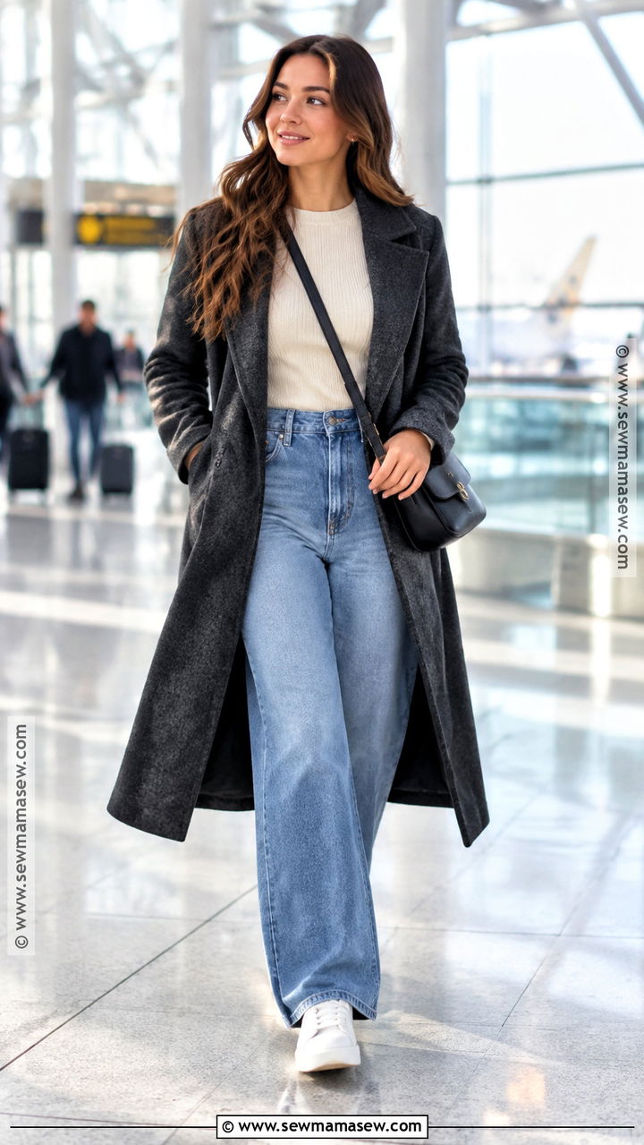 Wide Leg Jeans With Long Wool Coat And Sneakers - 20 wide jeans outfit fall
