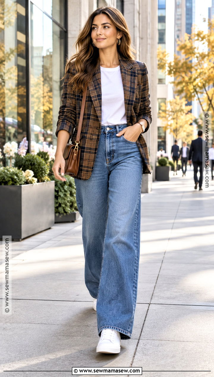 Wide Leg Jeans With Plaid Blazer T Shirt And Sneakers - 20 Wide Leg Jean Outfits Fall