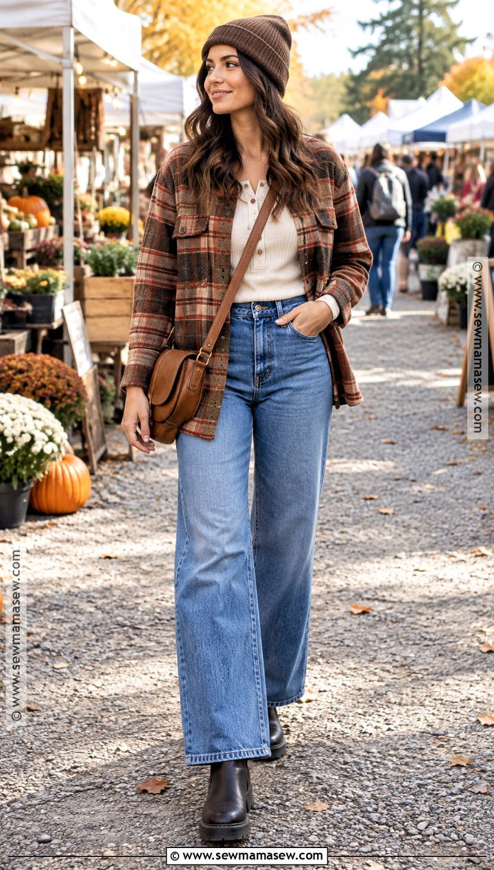 Wide Leg Jeans With Plaid Shacket And Boots - 20 wide leg jeans fall outfit