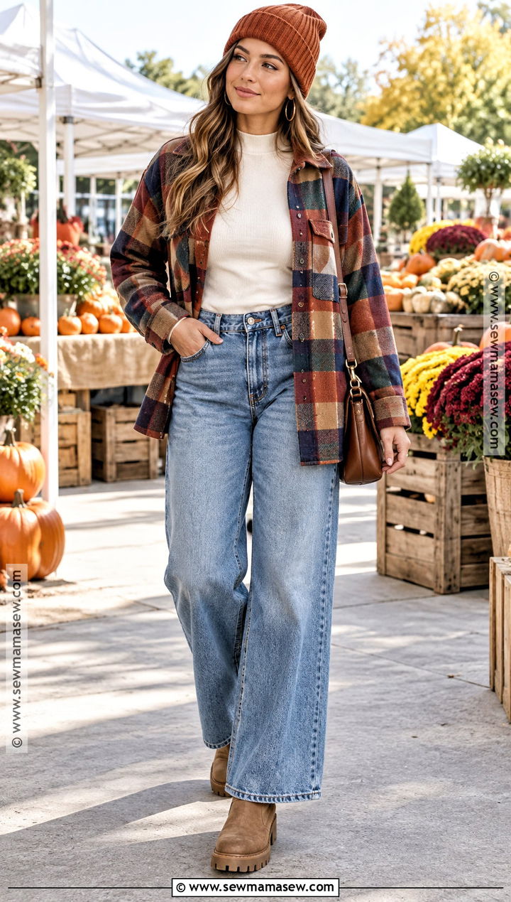 Wide Leg Jeans With Plaid Shacket And Boots - 15 fall outfits women wide leg jeans