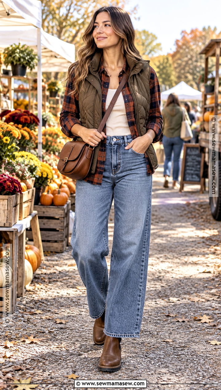 Wide Leg Jeans With Plaid Shirt And Chelsea Boots - 25 wide leg jeans outfit autumn