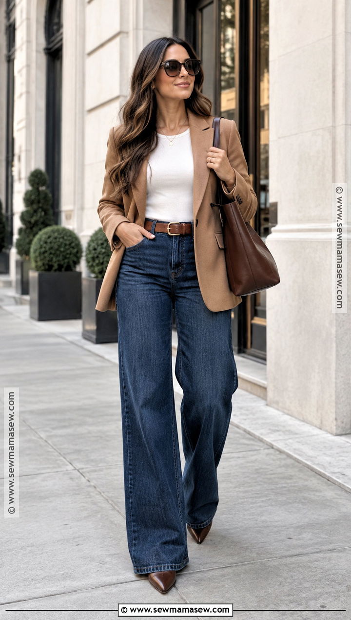 Wide Leg Jeans With Pointed Brown Boots And Camel Blazer - 20 brown boots outfit fall jeans