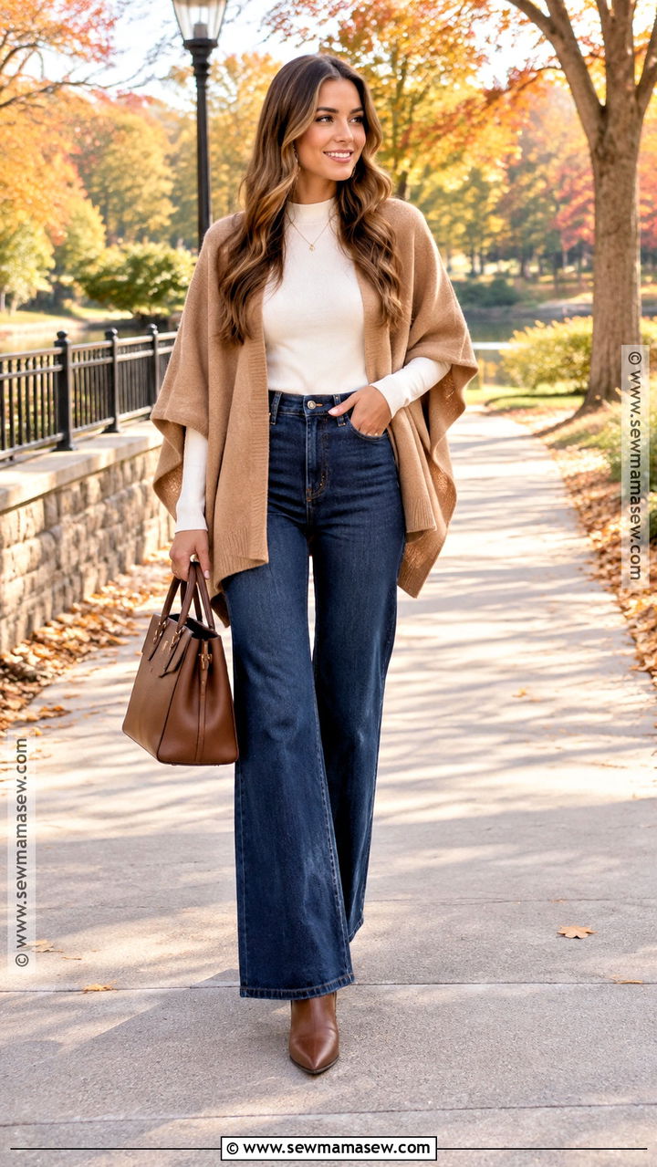 Wide Leg Jeans With Poncho Sweater And Ankle Boots - 20 wide leg jeans outfit ideas fall