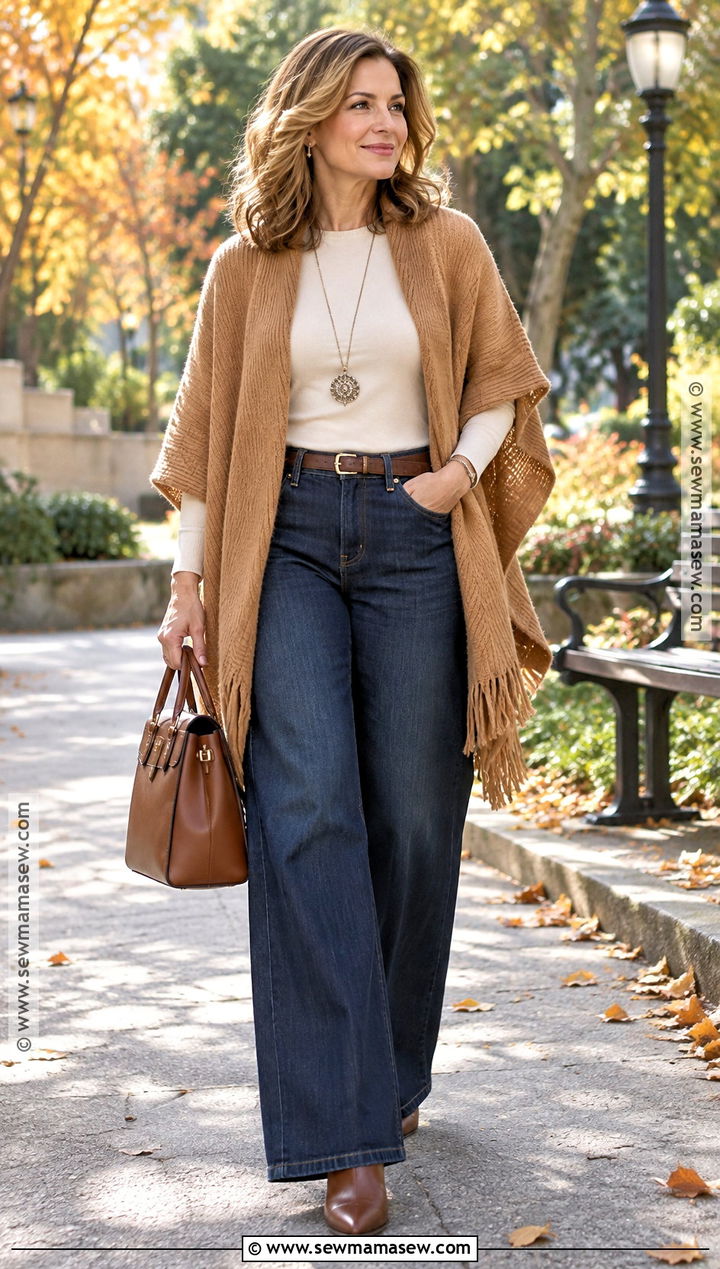 Wide Leg Jeans With Poncho Sweater And Knee High Boots - 20 Wide Leg Jean Outfits Fall