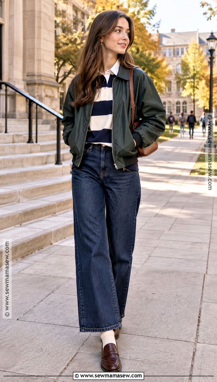 Wide Leg Jeans With Rugby Shirt Bomber Jacket And Loafers - 20 Wide Leg Jean Outfits Fall
