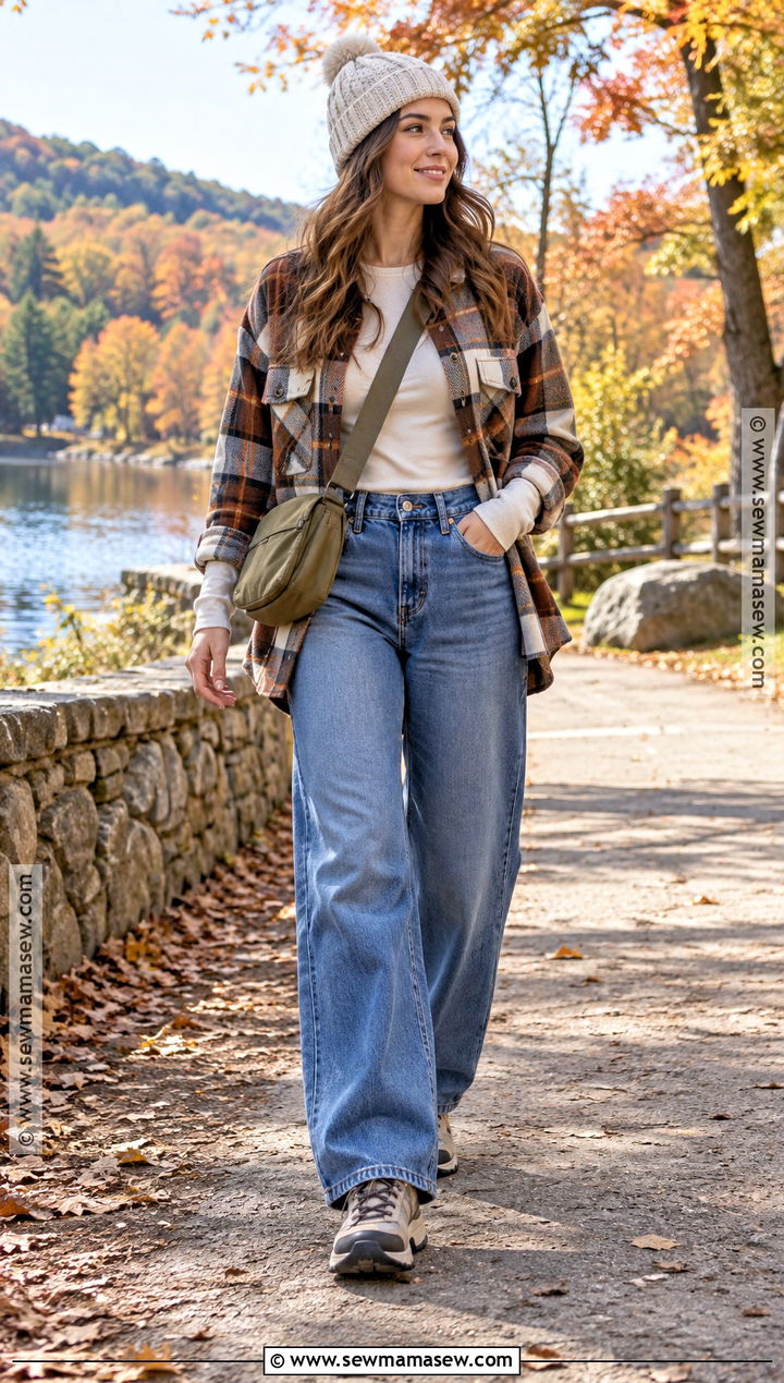 Wide Leg Jeans With Shacket And Hiking Sneakers - 25 wide leg jeans outfit autumn