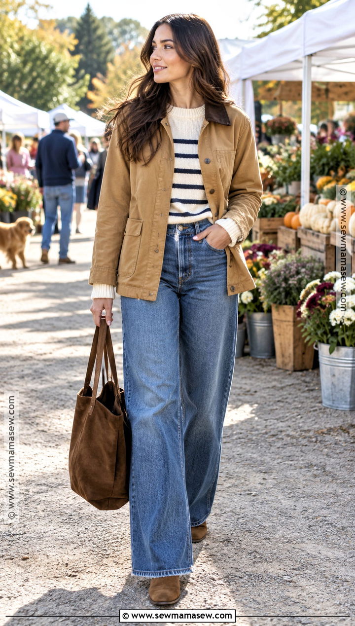 Wide Leg Jeans With Striped Sweater And Barn Jacket - 20 Wide Leg Jean Outfits Fall