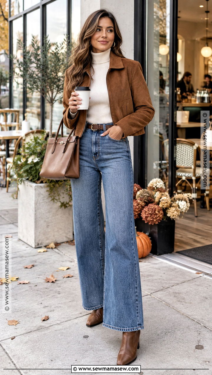 Wide Leg Jeans With Suede Jacket And Turtleneck - 25 wide leg jeans outfit autumn