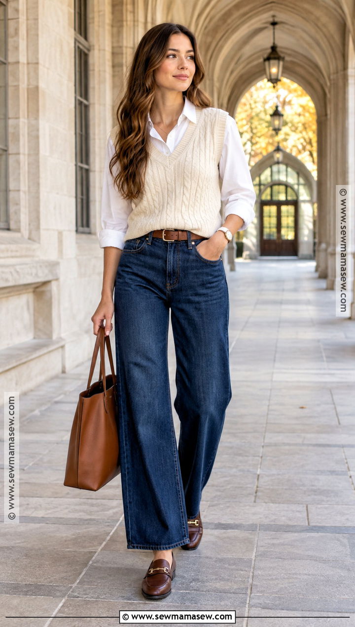 Wide Leg Jeans With Sweater Vest And Button Down Shirt - 25 wide leg jeans outfit autumn