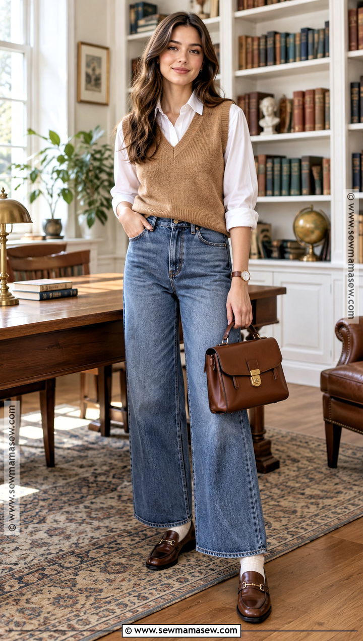 Wide Leg Jeans With Sweater Vest And Button Down Shirt - 20 wide jeans outfit fall