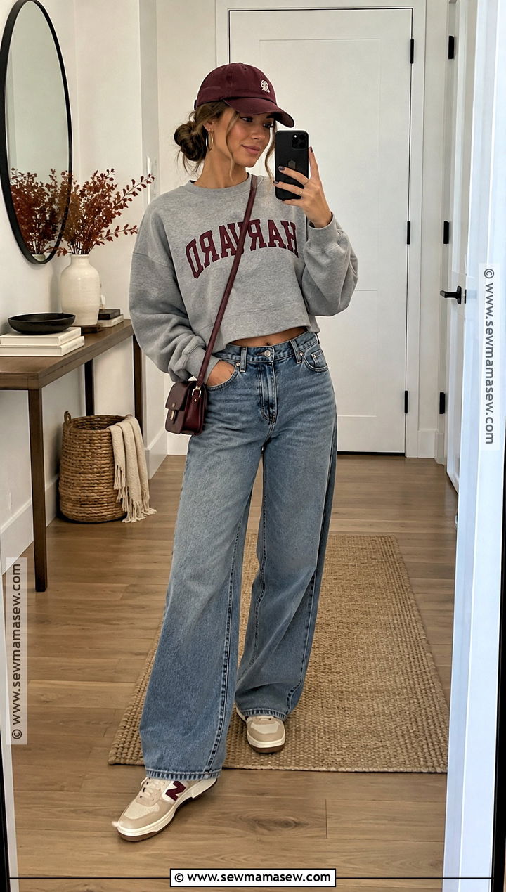 Wide Leg Jeans With Sweatshirt And Retro Sneakers - 25 wide leg jeans outfit autumn