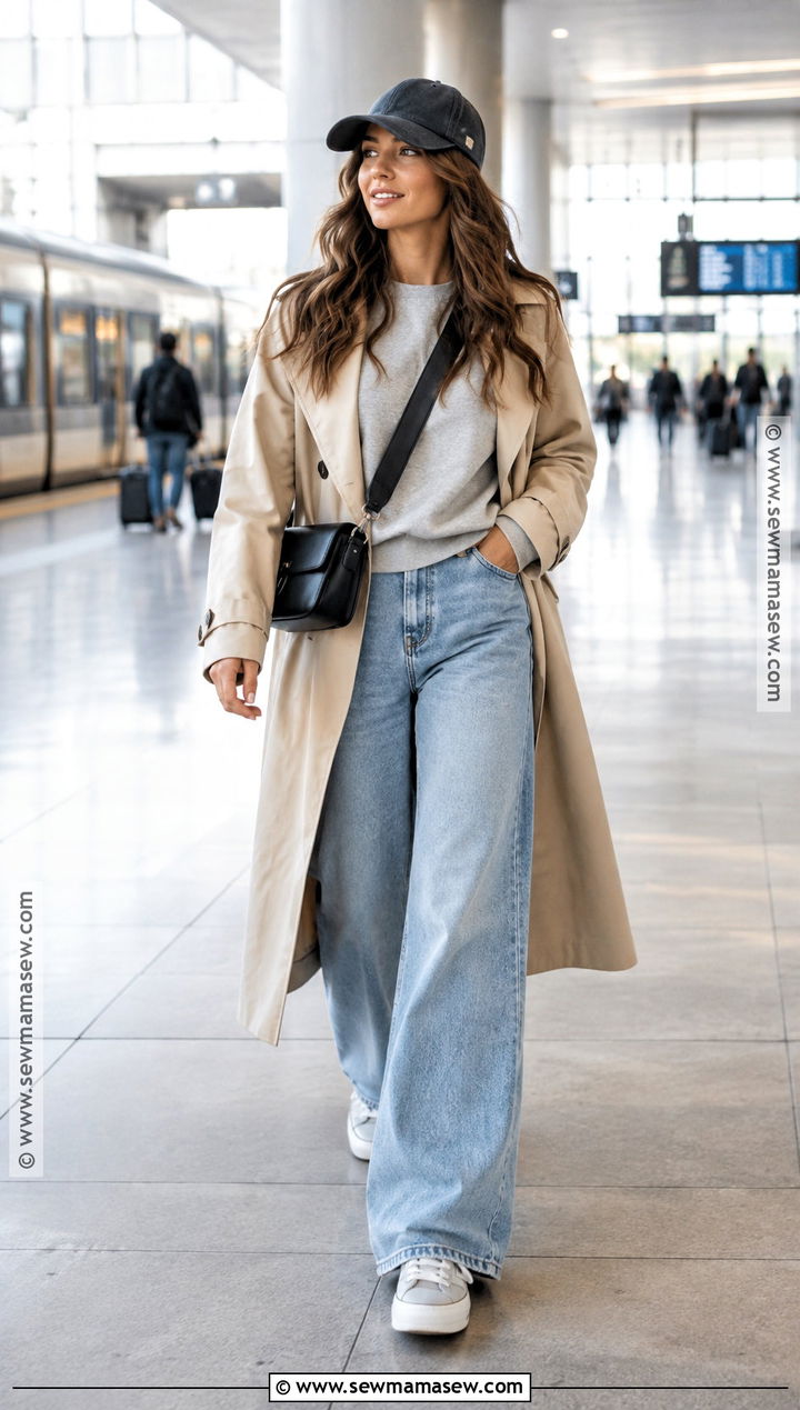 Wide Leg Jeans With Sweatshirt Trench Coat And Sneakers - 20 Wide Leg Jean Outfits Fall