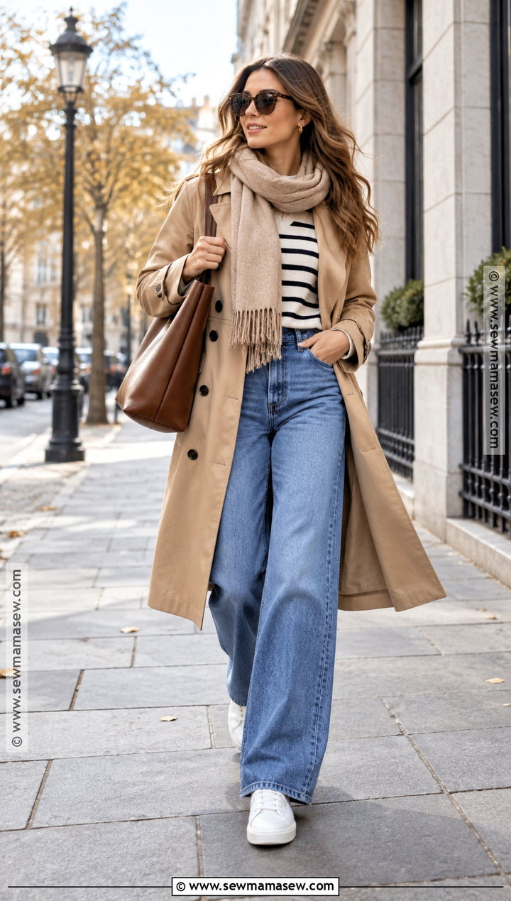 Wide Leg Jeans With Trench Coat And Sneakers - 25 wide leg jeans outfit autumn