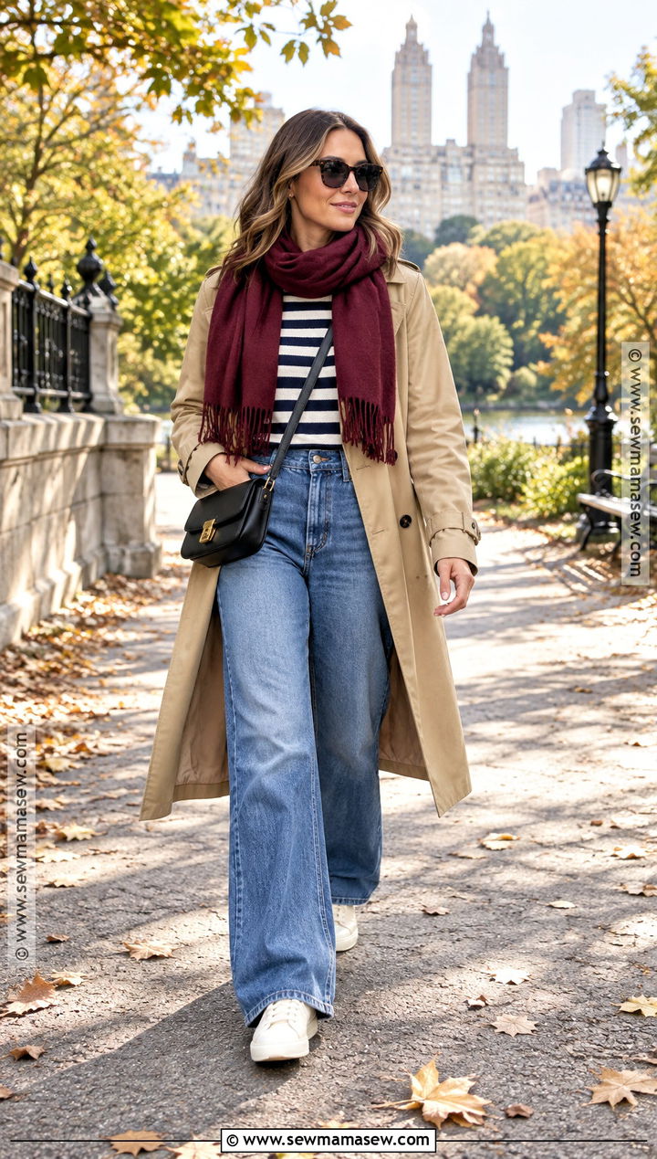 Wide Leg Jeans With Trench Coat And Sneakers - 15 fall outfits women wide leg jeans