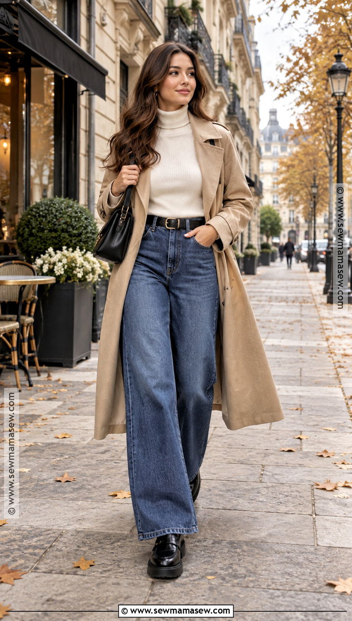 Wide Leg Jeans With Trench Coat Turtleneck And Loafers - 20 fall outfit wide leg jeans