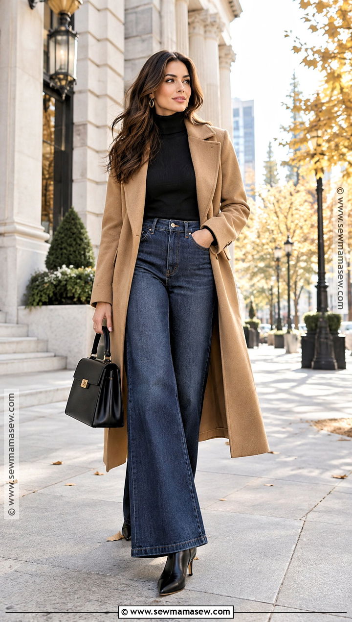Wide Leg Jeans With Turtleneck And Long Coat - 15 Wide Leg Jeans Outfit Fall 2026