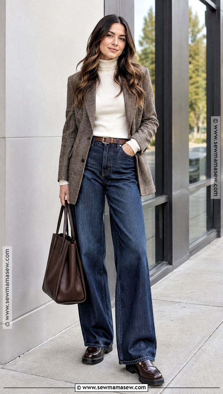 Wide Leg Jeans With Turtleneck Blazer And Loafers - 20 Wide Leg Jean Outfits Fall