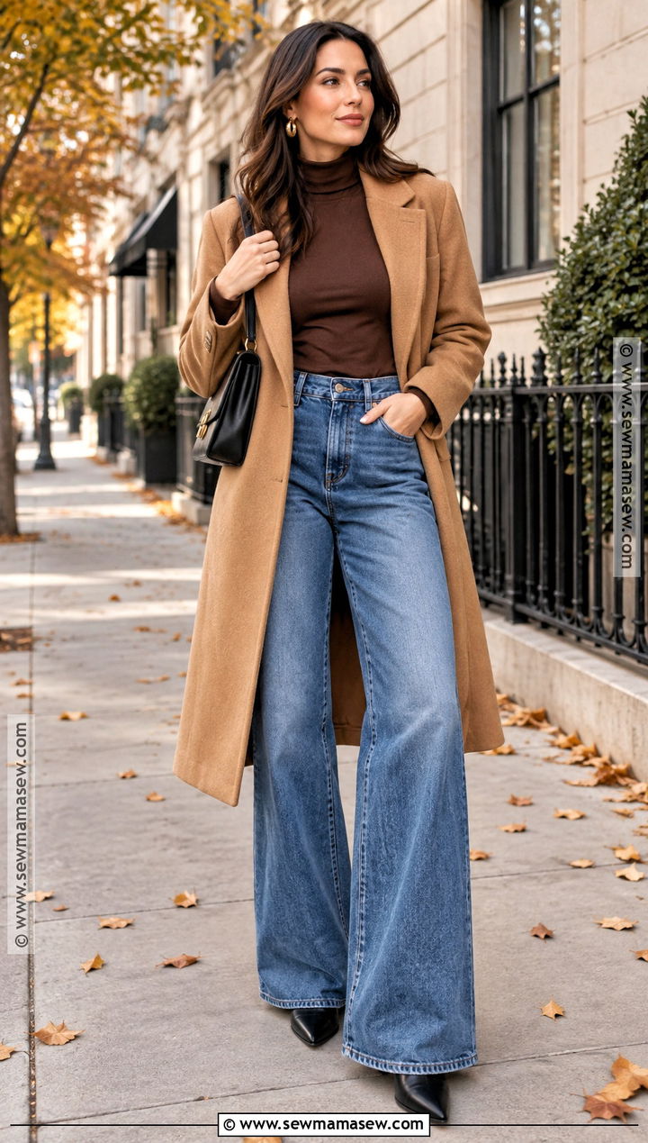 Wide Leg Jeans With Turtleneck and Ankle Boots - 15 wide jeans fall outfit