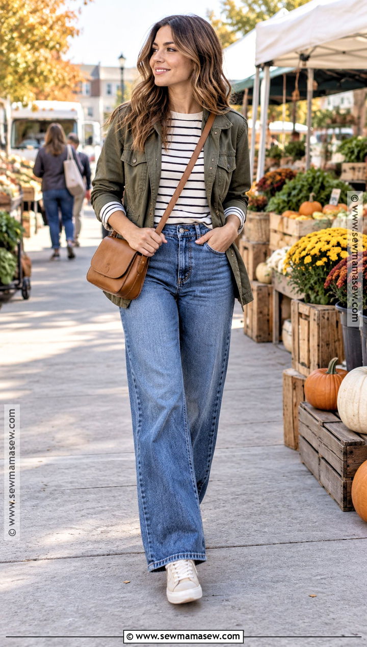 Wide Leg Jeans With Utility Jacket And Sneakers - 25 wide leg jeans outfit autumn