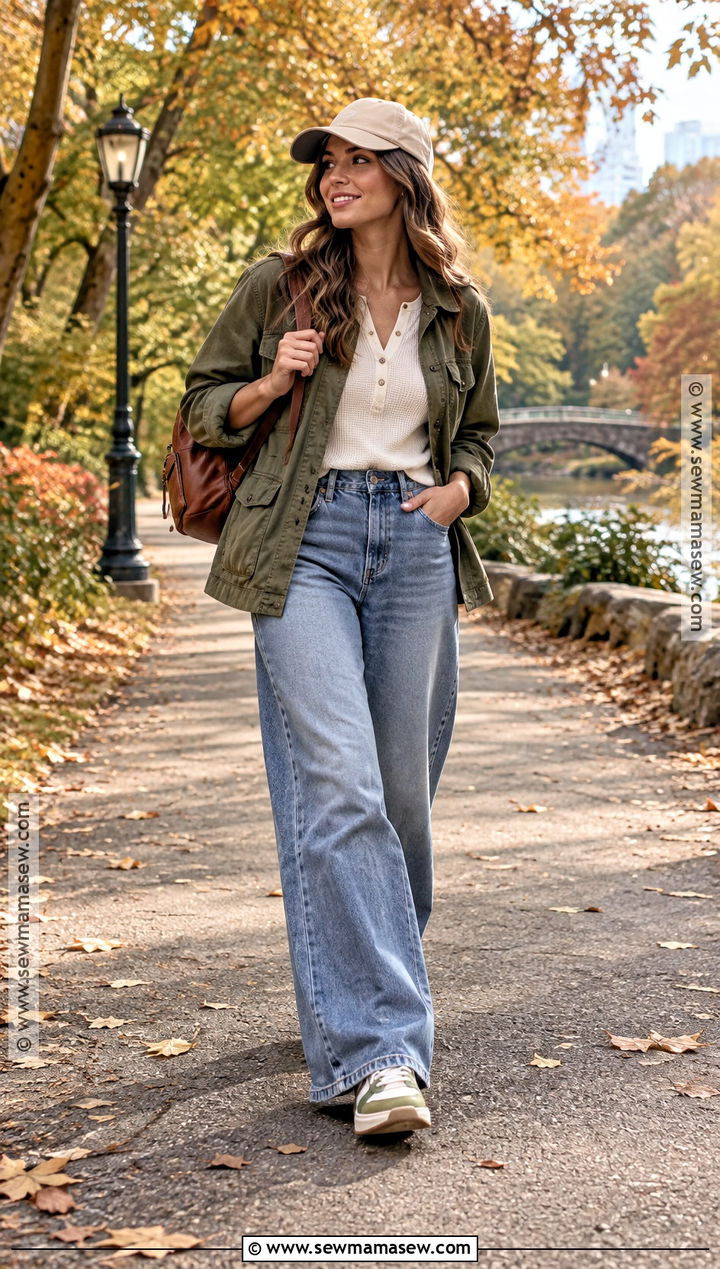 Wide Leg Jeans With Utility Jacket And Sneakers - 15 fall outfits women wide leg jeans