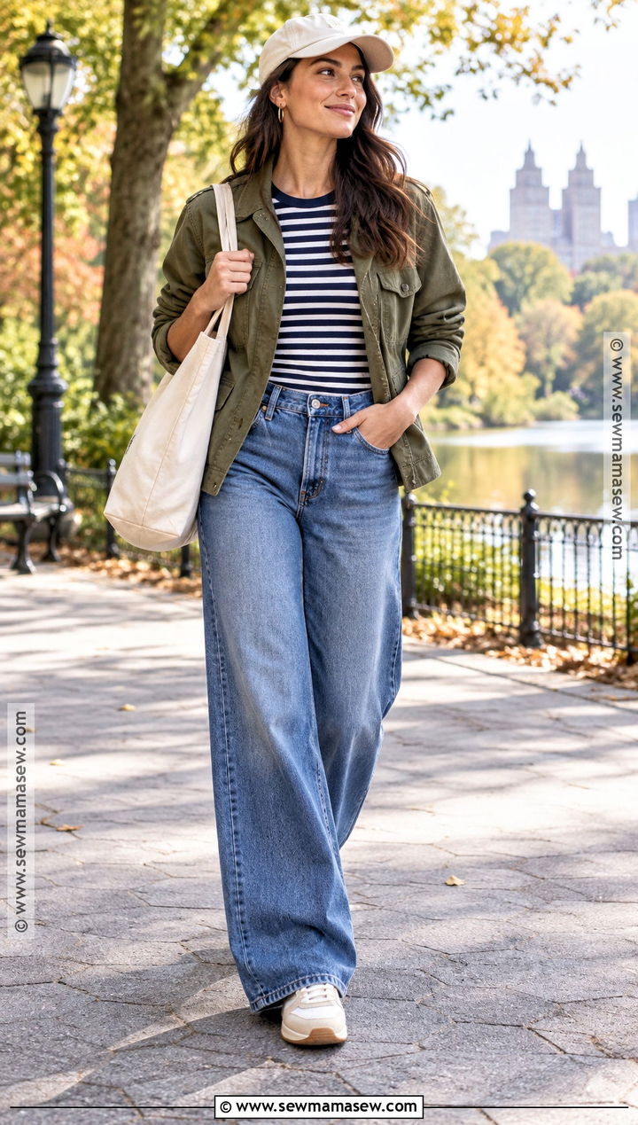Wide Leg Jeans With Utility Jacket Striped Tee And Sneakers - 20 fall outfit wide leg jeans