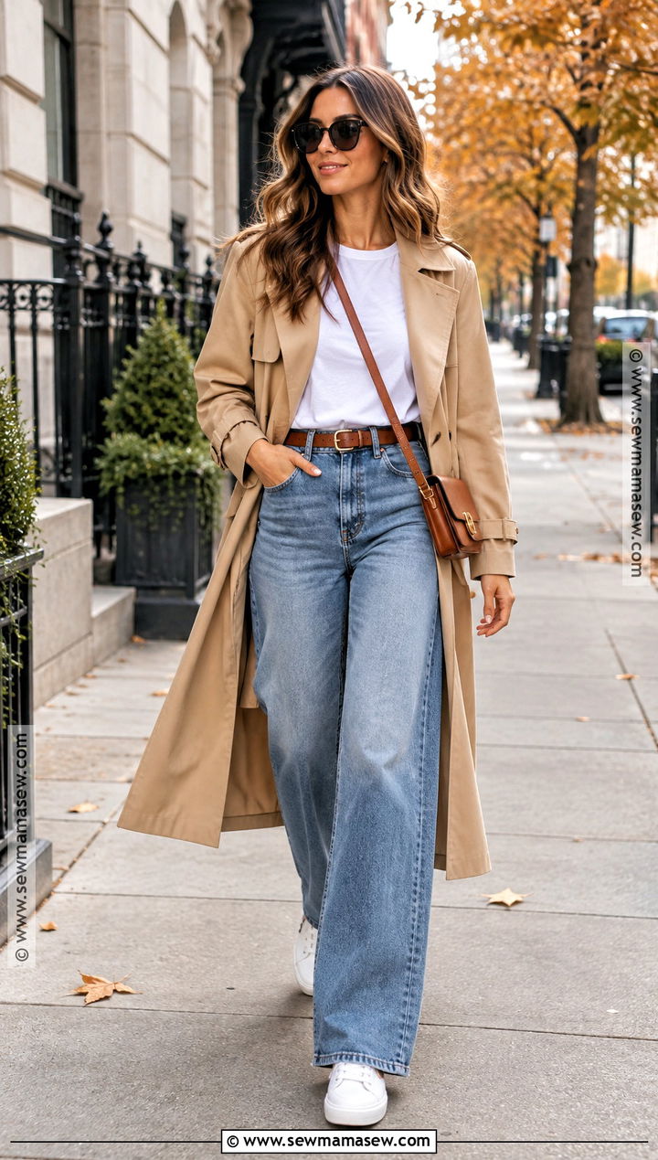 Wide Leg Jeans With White T Shirt And Trench Coat - 20 Wide Leg Jean Outfits Fall