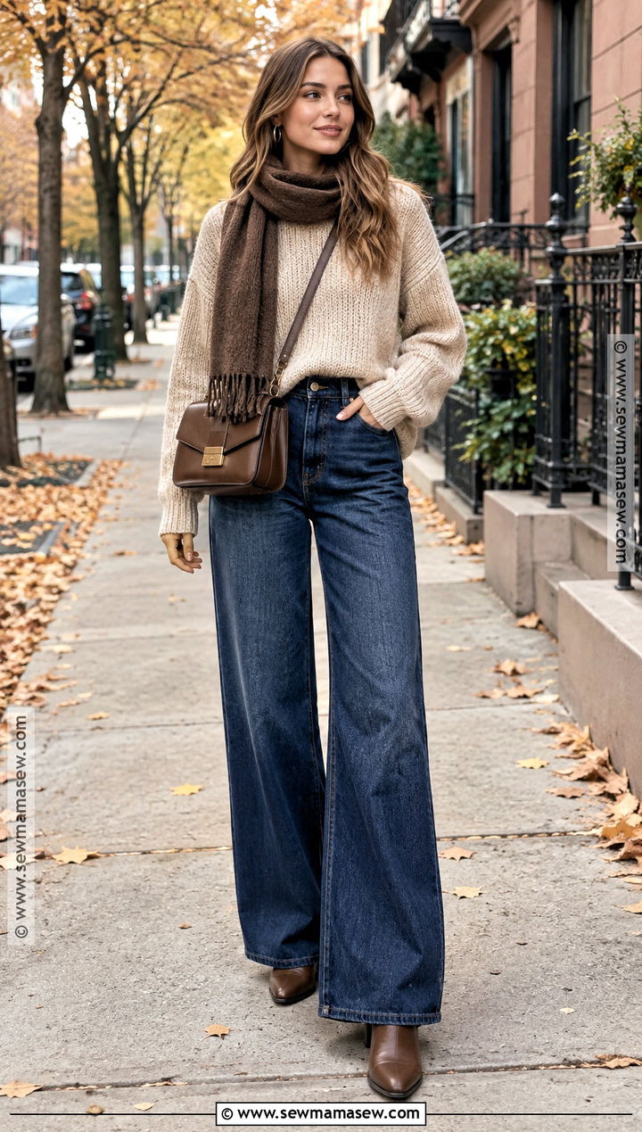 Wide Leg Jeans With a Chunky Sweater and Ankle Boots - 25 wide leg jeans outfit fall