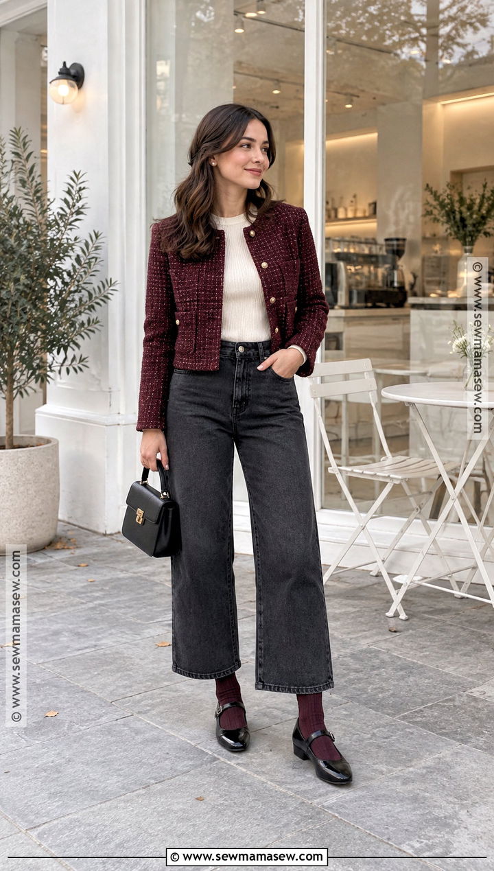 Wide Leg Jeans With a Cropped Jacket and Mary Janes - 25 wide leg jeans outfit fall