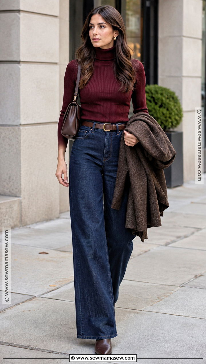 Wide Leg Jeans With a Fitted Turtleneck - 25 Fall Outfits With Jeans