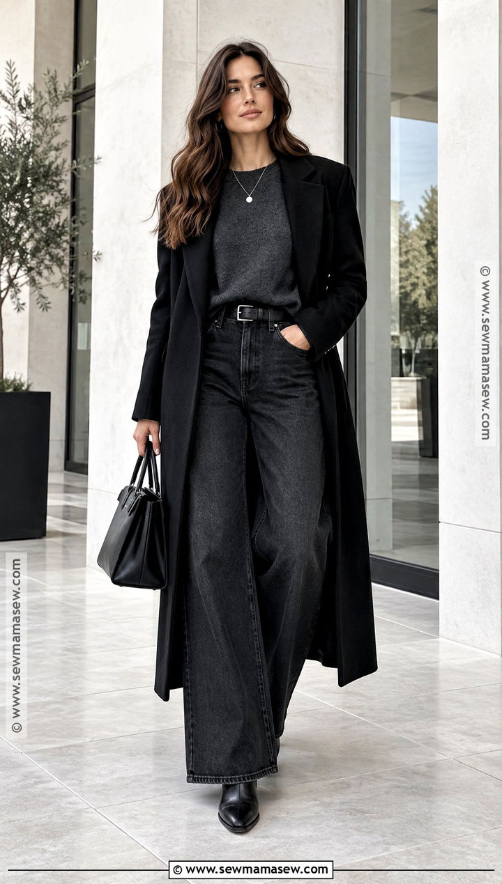 Wide Leg Jeans With a Monochrome Knit and Coat - 25 wide leg jeans outfit fall