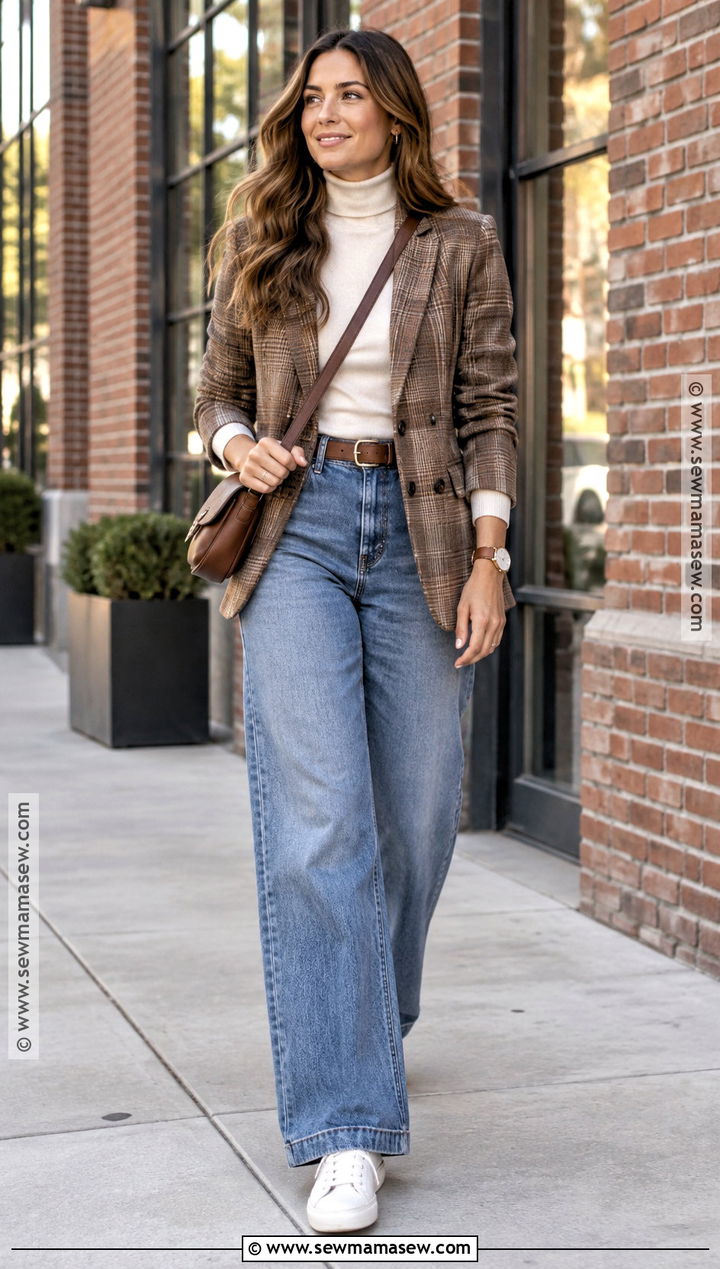 Wide Leg Jeans With a Plaid Blazer and Sneakers - 25 wide leg jeans outfit fall