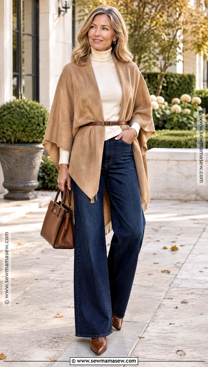 Wide Leg Jeans With a Poncho and Knee High Boots - 25 wide leg jeans outfit fall