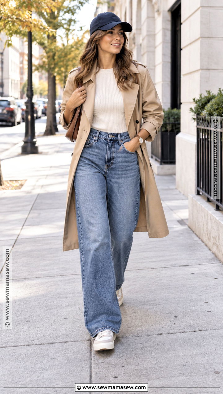 Wide Leg Jeans With a Trench Coat and Sneakers - 25 wide leg jeans outfit fall