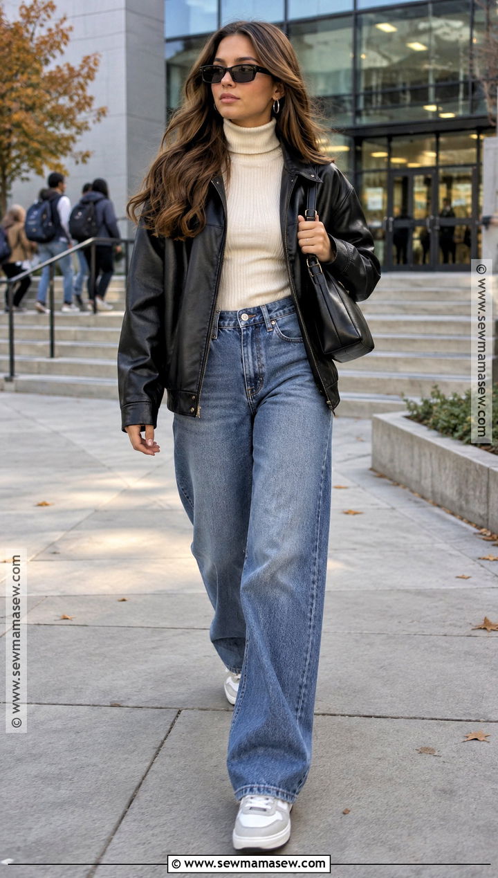 Wide Leg Jeans and Leather Jacket Fall School Outfit - 20 fall baddie outfits for school
