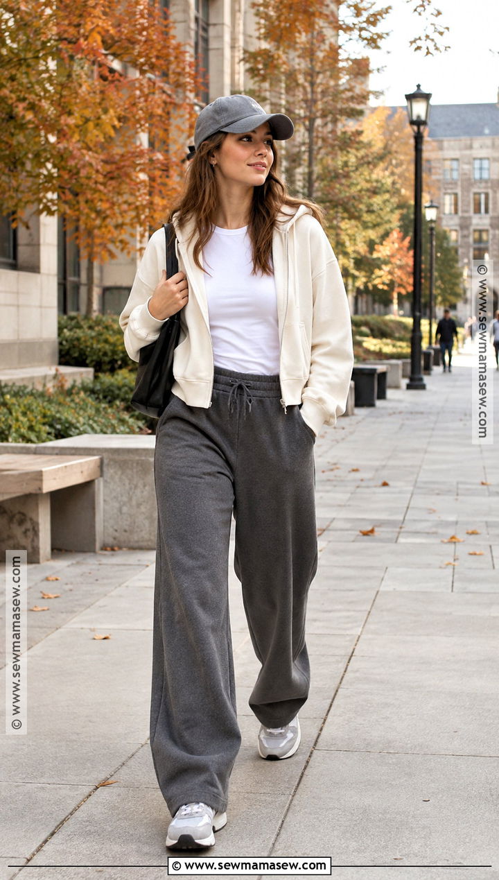 Wide Leg Joggers With Cropped Hoodie And Trainers - 15 fall outfit joggers ideas