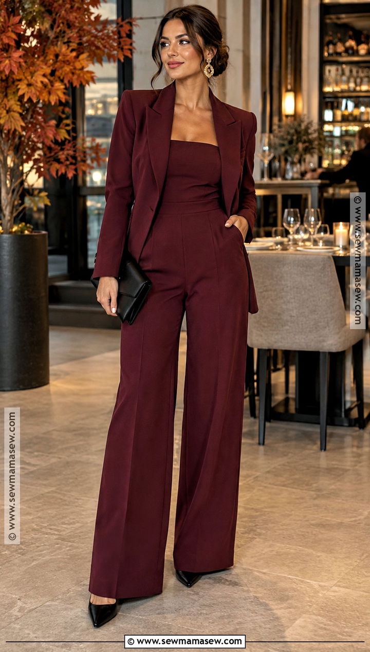 Wide Leg Jumpsuit And Blazer Fall Dinner Outfit - 15 dressy dinner outfit fall ideas