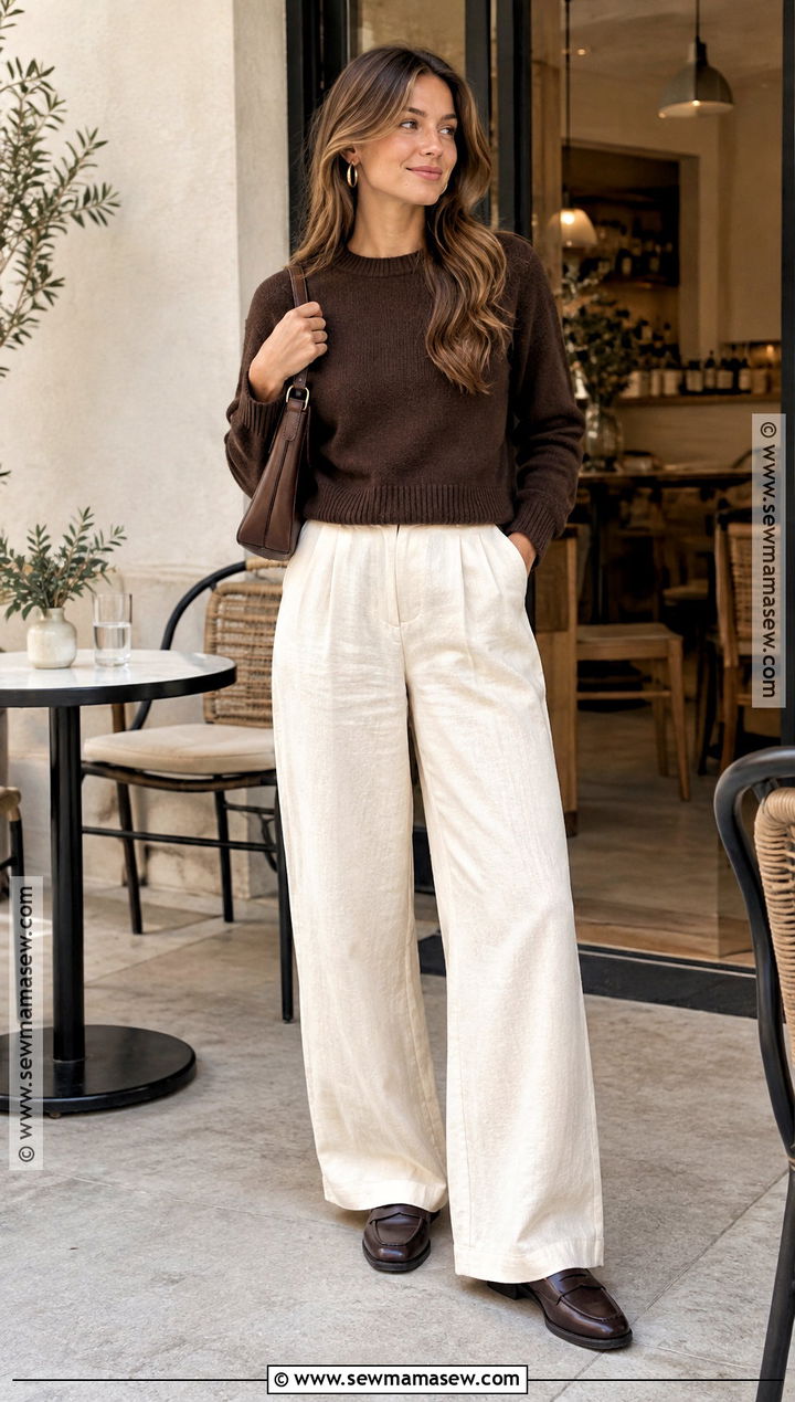 Wide Leg Linen Pants With A Cropped Sweater - 25 linen pants fall outfit