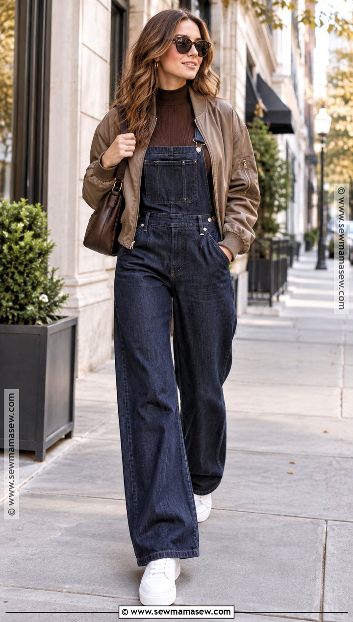 Wide Leg Overalls With Fitted Top And Sneakers - 15 Cute Fall Outfits Overalls
