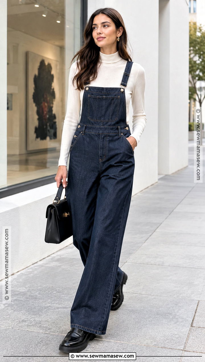 Wide Leg Overalls With Mock Neck Top and Loafers - 15 Overalls Aesthetic Fall