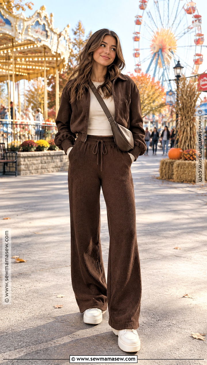 Wide Leg Pants And Fitted Long Sleeve Top - 20 fall amusement park outfit ideas