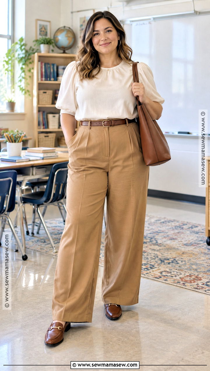 Wide Leg Pants And Puff Sleeve Top Teacher Outfit - 15 Back To School Teacher Outfits 2026
